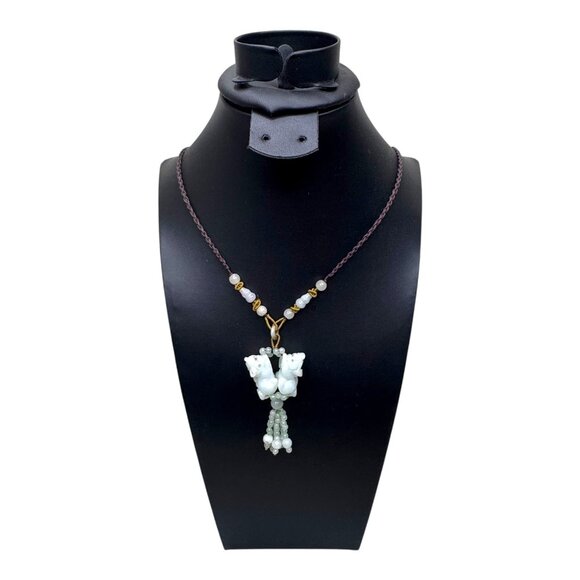 Jade Bead Necklace Carved Foo Dog Dueling Tassel Hand Carved Pendant Adjustable - Picture 2 of 8